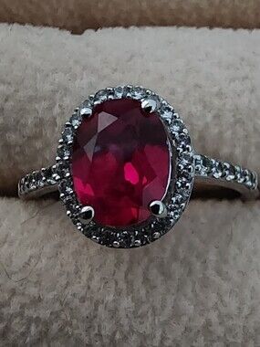 Elegant .925 Silver Ring with Deep Pink Oval Gemstone Approx Size 6.5